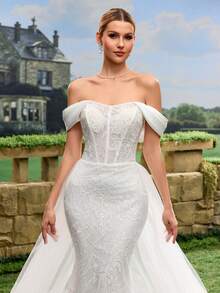 Solid Color Mesh Splice Off-Shoulder Fitted Elegant Luxurious Wedding Dress - White - View 7