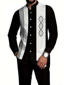 Men's 2-Piece Shirt Set, European And American Style Men's Casual Striped Long-Sleeve Shirt And Pants Sports Suit, Striped Accent Printed Pattern Men's Pants Matching, Casual Sports Suit Holiday Outfit Available In Multiple Colors, Men's Gift - 黑色 - 查看 2