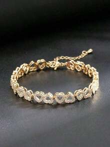 1pc Luxury Heart-Shaped Zirconia Bridal Bracelet, Adjustable Elegant Minimalist High-End Sparkly Women - Gold - 查看 9