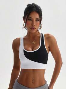 Women's Solid Color Fashion Removable Padded Black & White Patchwork Sports Knit Bra - Black and White - View 4