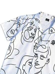 Men's 2pcs Set Abstract Face Line Art Print Sketch Short Sleeve Shirt, Summer Streetwear Fashion Graffiti Style - White - View 6