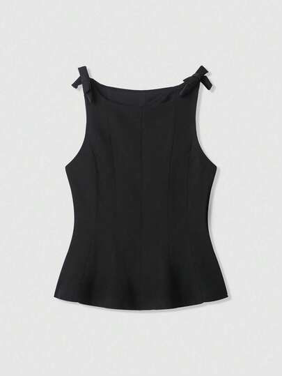 Solid Color Ruffle Hem Bow Decor Elegant Sleeveless Top Black Summer