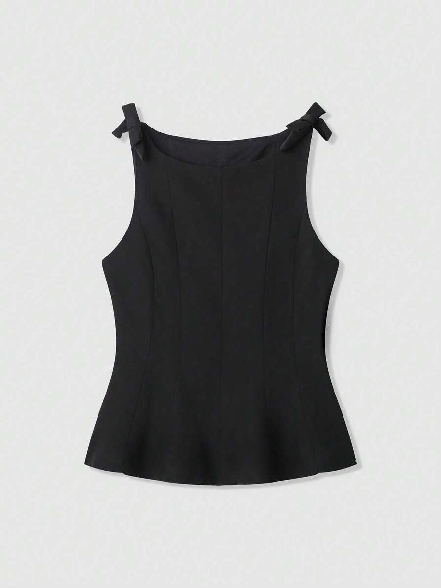 Top sin mangas elegante de unicolor con volantes en el bajo y lazo decorativo, negro, para verano - Negro - Ver 1
