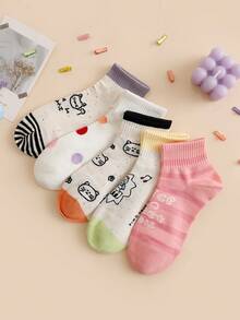 5双装女士短袜 - 可爱卡通动物图案，简约轻盈 - 轻薄透气针织，适合春夏通勤及办公室穿着 - 彩色 - 查看 5