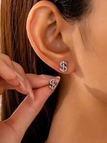 1 Pair Unisex Dollar Sign Glitter Punk Style Earrings, Suitable As Valentine's Day Gift - Silver Dollar New - View 7