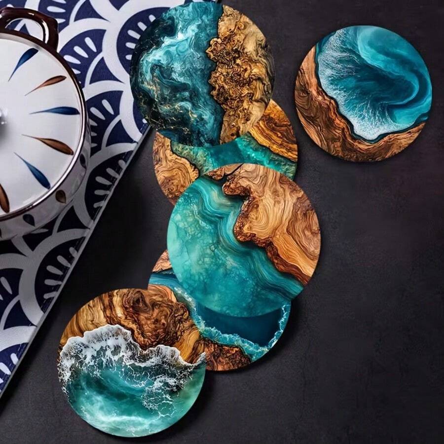 6pcs Ocean & Tropical Wood Grain Pattern Coasters - Heat Insulation Pads, Suitable For Cafe, Office, Kitchen, Dining Room, Birthday, Easter Party Gifts, Perfect Housewarming Gift - Multicolor - View 1