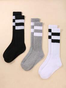 1/3 Pairs Women's Striped Loose Knit Socks, Loose Striped Socks, Slouch Socks, Mid-Calf Socks, Soft & Comfortable, Warm & Breathable, Fashionable Black, White, Gray Options, Perfect For Hiking, Back To School, Halloween And Christmas Gifts, Cozy & Warm - Multicolor - View 3