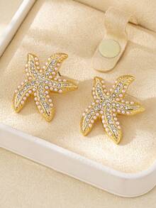 1 Pair Luxury Pearl & Rhinestone Starfish Earrings, Elegant & Sophisticated Jewelry For Women, Suitable For Daily Wear, Festivals, Dates, Vacations, Parties, Ocean/Beach Style Accessories - Gold + White Rhinestones - View 4