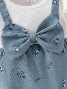Baby Girl Patchwork Contrast Color 2 In 1 Outfit With 3D Bow & Ditsy Floral, Includes Headband - Blue - View 5