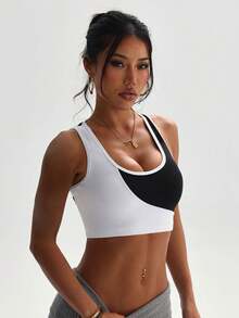 Women's Solid Color Fashion Removable Padded Black & White Patchwork Sports Knit Bra - Black and White - View 3