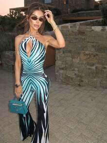 Women's Versatile Halter Backless Jumpsuit | Print Tie Waist Flare Leg Sexy Romper - 藍色 - 查看 2