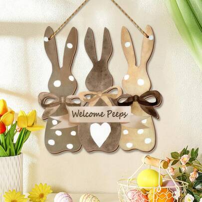 1件复活节装饰门挂牌花环欢迎快乐复活节木质门牌欢迎复活节兔子花环牌，适用于复活节树、门、墙壁、派对用品
