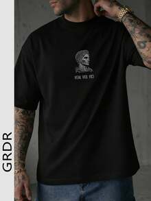 GRDR 男士复古印花休闲圆领短袖T恤，舒适时尚 - 黑色 - 查看 5