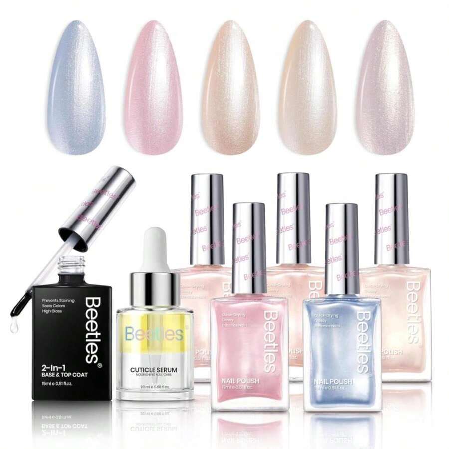 Beetles Pearl Nail Polish Set 7Pcs, Nude Pink Frosty Blue Beige Quick-Drying Nail Polish Kit, With 2 IN 1 Base &Amp; Top Coat And Cuticle Serum 20ml All-In-One Care Nails Gift Sets - Màu15 - Xem 1