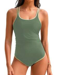 Women's One Piece Color Block Swimsuit Scoop Neck Adjustable Strap Sporty Bathing Suit - 軍綠色 - 查看 1
