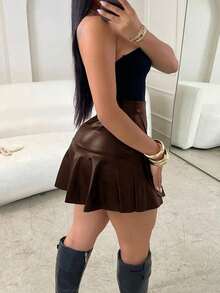 Carnival Sexy Ruffle Hem PU Leather A-Line Mini Skirt With Hidden Zipper, Cute Skirt For Casual, Vacation, And Date Spring - Coffee Brown - View 2