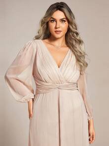 Plus Size Elegant Ruffle Hem Twist Detail Champagne Bridesmaid Dress Long Sleeve Formal Dress Wedding Spring Party - Champagne - View 7
