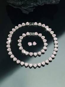 CVNANA 3pcs Set Cute Light Pink Heart Shaped Cuban Link Necklace + Bracelet Matched With Cubic Zirconia Heart Stud Earrings, Hip Hop Style Chain, Luxury Jewelry Set, Suitable For Valentine's Day, Birthday, Music Festival Gift - Heart Shape - View 3