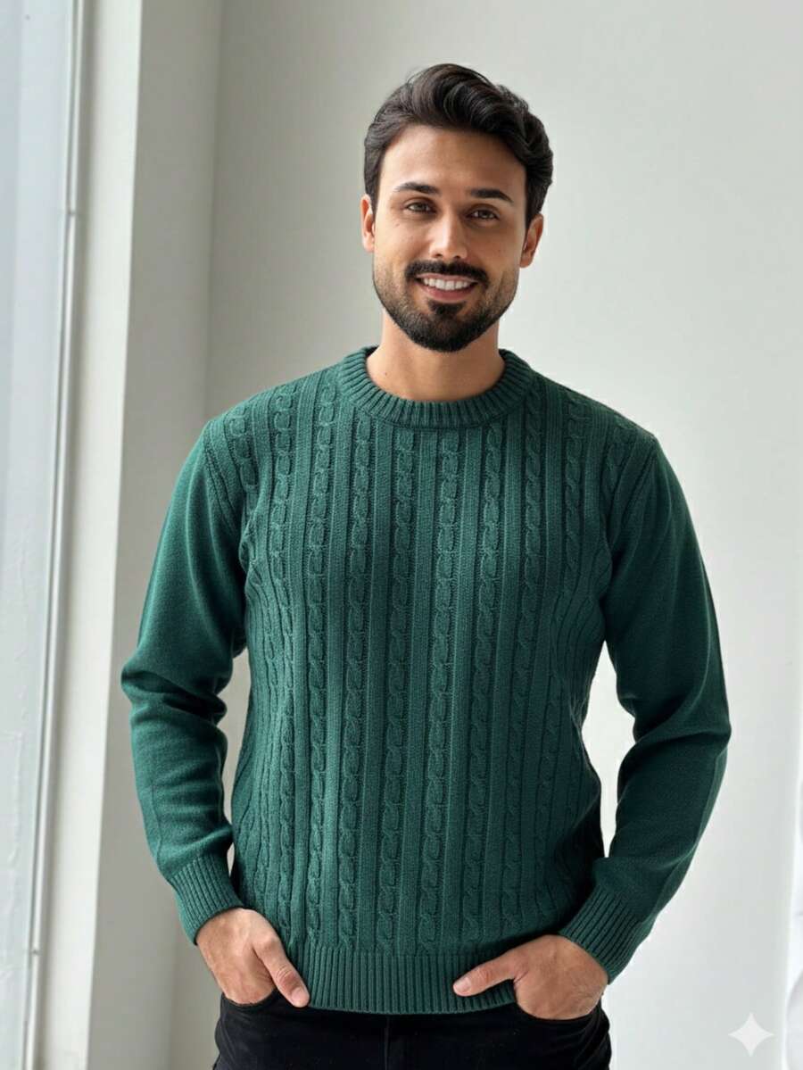 Men's Sweater In Knitted Fabric With Braided Detail, Round Neck, Long Sleeves, And Comfortable Fit - Winter Fashion - Rosana Knitwear - 水鴨藍 - 查看 1