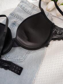 1套女士蕾丝拼接钢圈文胸和内裤套装 - 黑色 - 查看 5