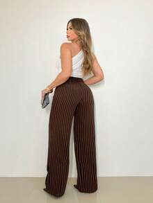 A&DD MODA, REF: H932 (PLUS SIZE) - Women's Plus Size Striped Pants, Stylish Plus Size, High Waist, Wide Leg, Elegant, Casual, Formal, Lightweight, Modern, Comfortable, Women's Pants, Lightweight Fabric, Striped Print, Simple Look, Versatile, High Quality ✨ - 巧克力棕 - 查看 2