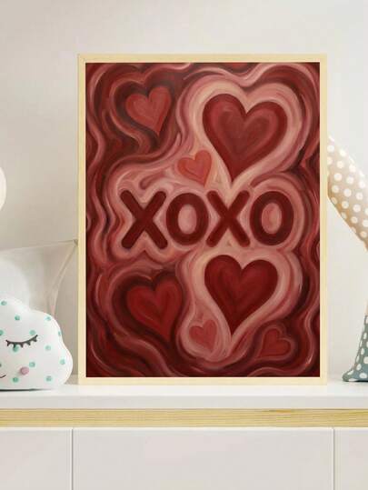1幅帆布墙画 - 婴儿用品 - XOXO 爱心墙画，情人节礼物，粉色爱心油画，卧室装饰，爱心主题印刷品，带框婴儿房墙画，非常适合游戏室装饰、婴儿房装饰、托儿所装饰、幼儿园装饰、男孩房装饰、女孩卧室装饰、儿童房装饰、情人节装饰