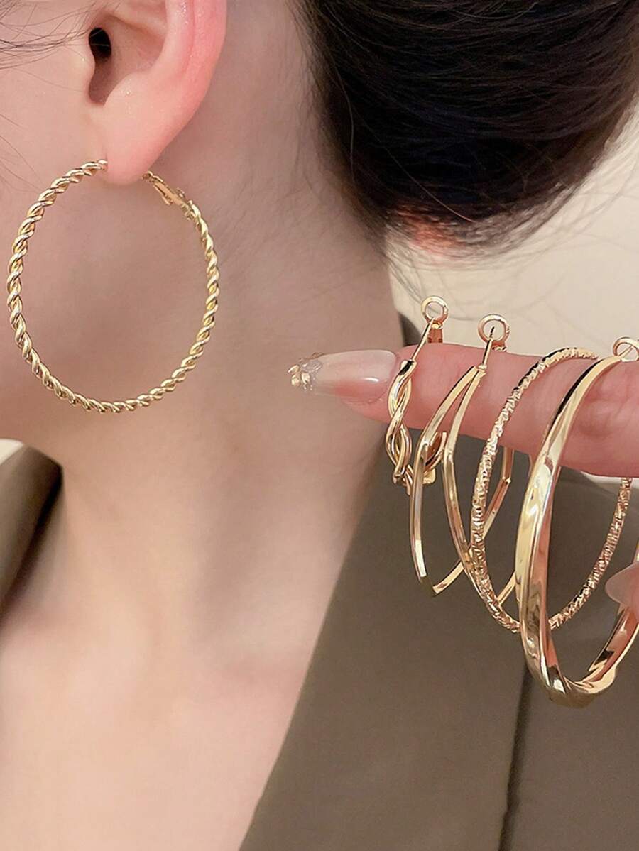 一套经典金属扭纹圆环耳环，适合日常佩戴和通勤。 - 金色-5對 - 查看 1