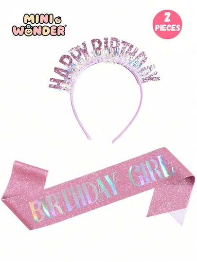 2件套“生日快乐”字母头箍和肩带，生日女孩礼仪肩带，适合生日派对装扮，是送给女孩的理想礼物