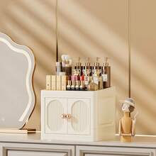 1pc Foldable Dual-Door Makeup Organizer Box, Multi-Layer Desktop Stationery Rack, Home Skincare Products Storage Cabinet - Multicolor - View 9