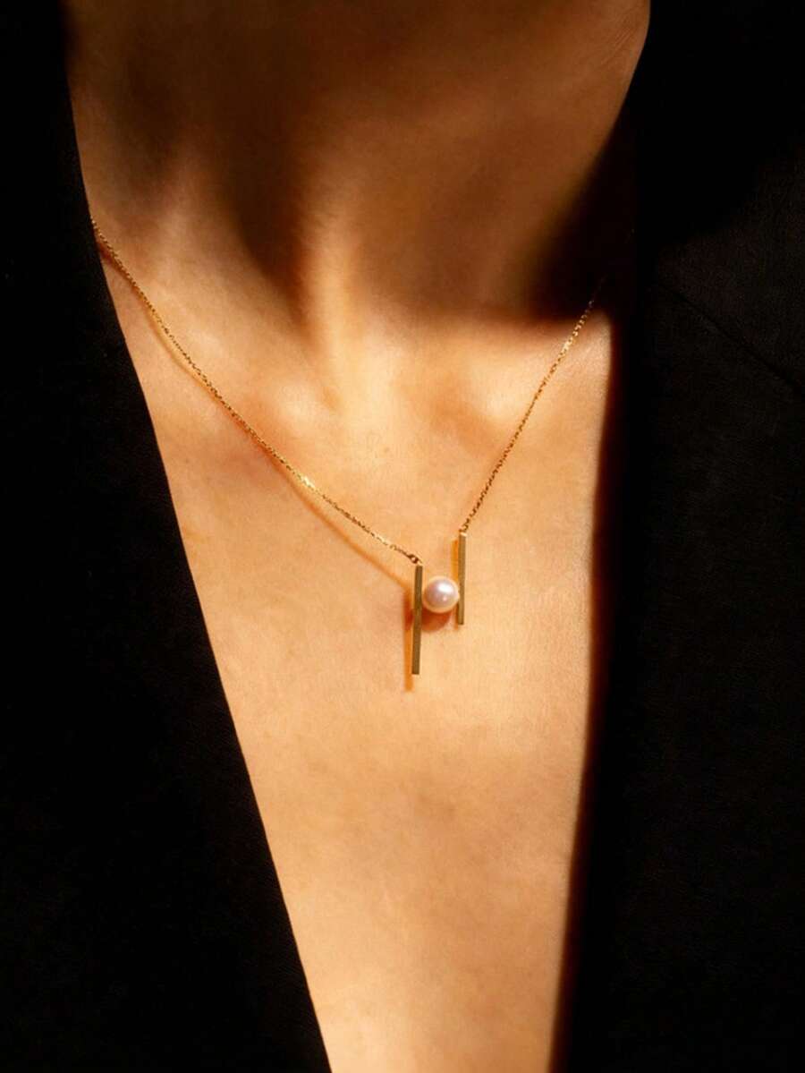 1pc New Geometric Vertical Striped Pearl Necklace, Fashionable Luxury Pendant Dainty Choker Necklace For Women - Gold - View 1
