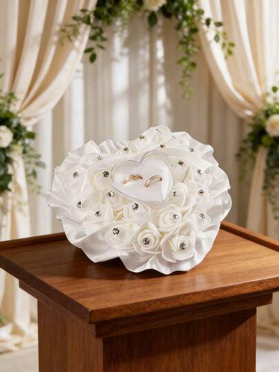 1pc White Wedding Ring Pillow (Ring Not Included), Heart-Shaped Ring Box Pillow With Ribbon, Faux Pearl Lace, Crystal Rose Ring Holder. Suitable For Wedding Ceremony, Best Gift, Wedding Decor, Home Decor, Room Decor, Party Favor, New Mom Birthday, Graduate Birthday Decor, Party Decoration, Bachelorette Party, Etc.