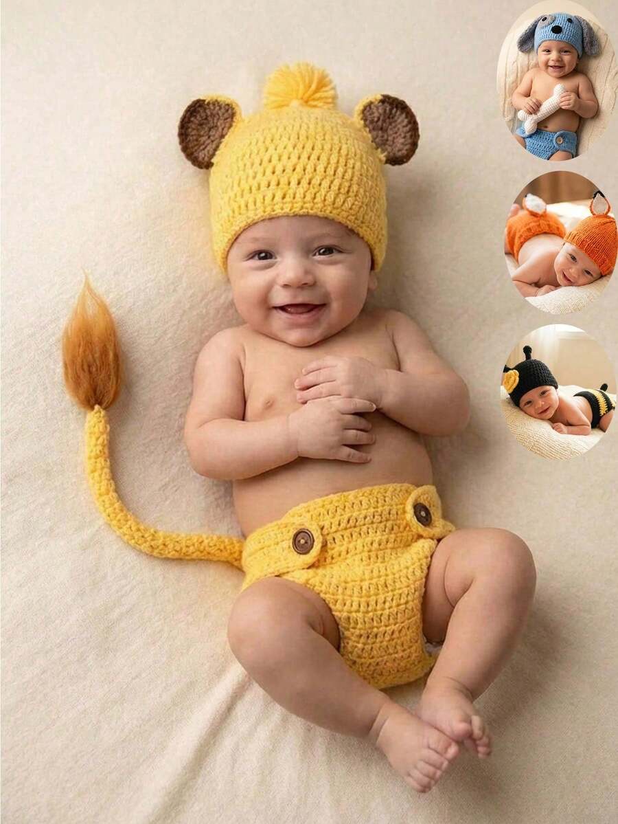Newborn Baby Lion Photography Props Outfit, Handmade Crochet Knit Dog Puppy Bee Fox Animal Costume Set, Infant Boy Girl Photo Shoot Hat & Diaper Cover Suit - Multicolor - View 1