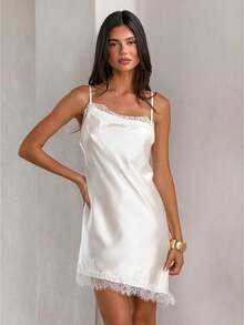 Women's Silk Satin Short Slip Dress, Featuring A Mini Lace Trim, V-Neck, And Open Back Design, With Adjustable Straps. A Comfortable And Elegant Choice For Any Occasion. - White - View 1
