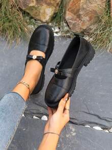 2026 Spring New French Bow Shallow Mary Jane Shoes Women, Black Chunky Heel Flats, Loafers - Black - View 1