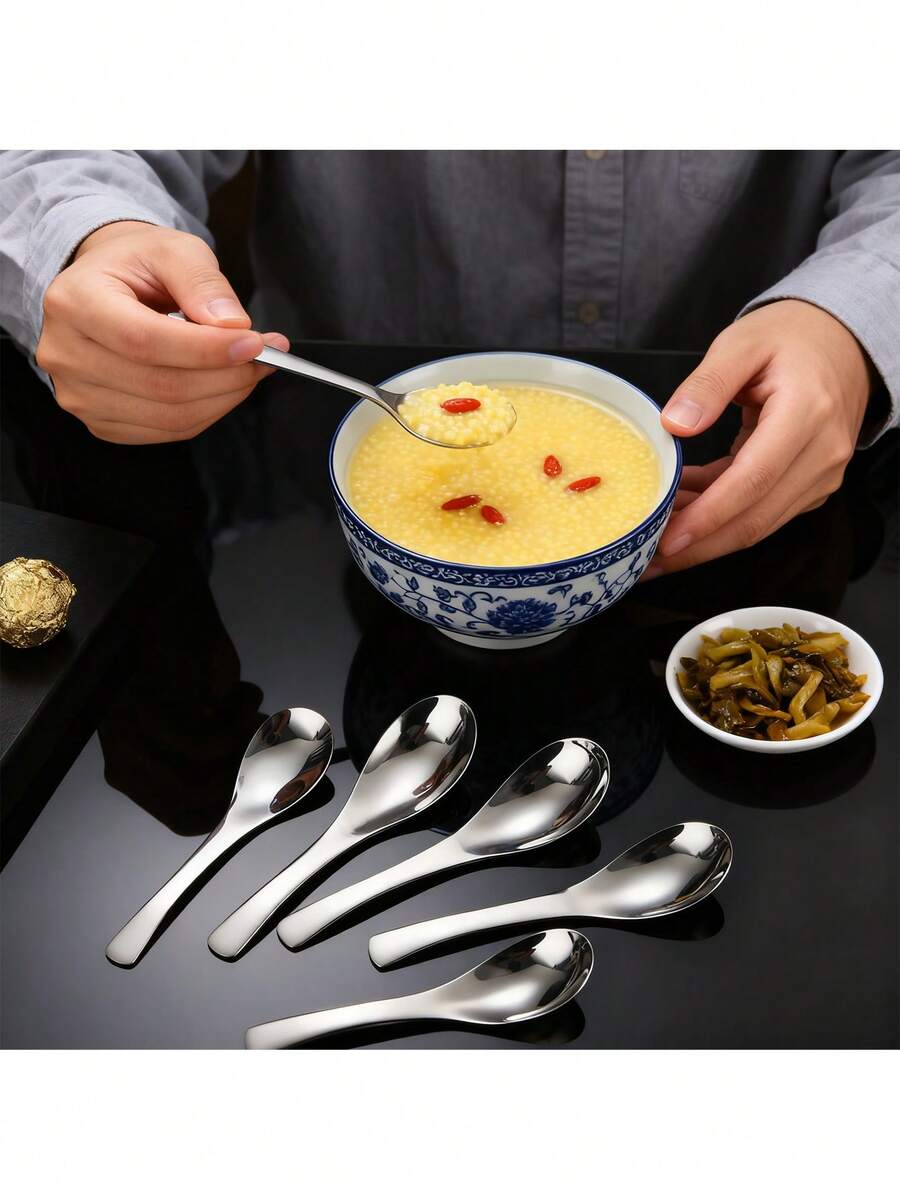 3PCS 304 Stainless Steel Thickened Earl Gray Spoon, Soup Spoon, Stainless Steel Coffee Spoon, Simple Milk Spoon, Modern Stirring Spoon, Reusable Spoon, Washable Dessert Spoon, Canteen Hotel Tableware, Restaurant Tableware, - Silver - View 1