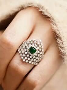 一对闪亮几何戒指，镶嵌方形绿色立方氧化锆，时尚银色指环，女士奢华珠宝 - 戒指 - 查看 2