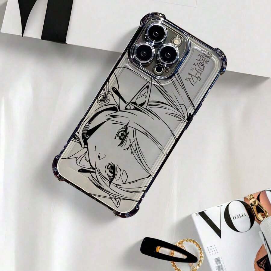 1個 透明なアニメガールラインアートの電気メッキスマホケース、4コーナーエアバッグ保護付きき、落ちると衝撃に強いい、彼女や自分用のホリデーギフト。  17、16、15、14、13、12、11、XR、XSMAX、XS、X、Galaxy A、Galaxy S25、S24、S23、S22シリーズに対応 - ブラック - チェックする 1
