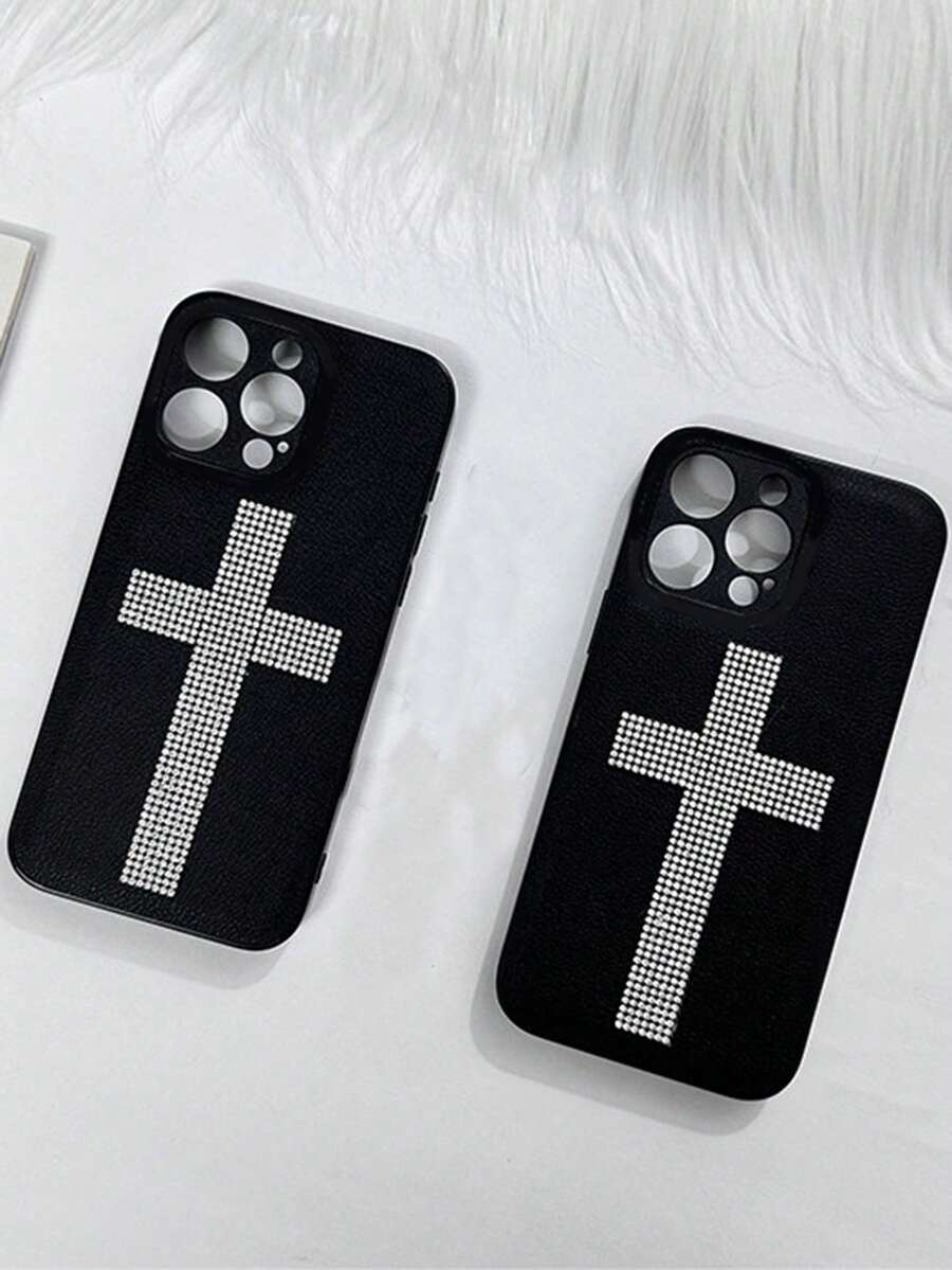 Y2K Punk Rhinestone Cross Faux Leather Phone Case Compatible With IPhone 17 Pro Max 16 15 14 13 12 11 Pro Max 16 15 14 Plus Soft Back Cover - Black - View 1