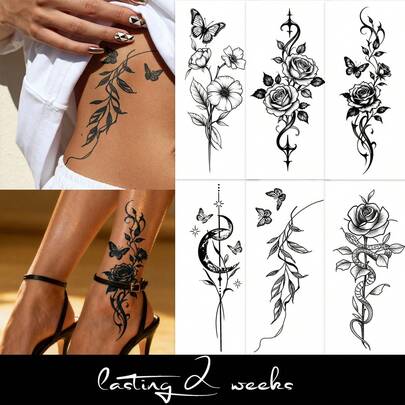 Herbal Juice Juice Tattoo Semi-Permanent Dark Floral Butterfly Snake Moon Starburst Pattern Party Favors Temporary Tattoos Lasting For 14 Days Without Fading Or Reflecting On The Skin Arm, Ankle, Shoulder, Neck, Collarbone, Body Temporary Tattoo Stickers Fake Tattoo 1 Pack