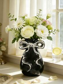 1个黑色蝴蝶结白色花瓶，可爱花瓶，适合装饰大学宿舍、儿童房和公寓卧室，增添女性柔美气息。适用于房间装饰、家居装饰、生日装饰、厨房、婚礼、卧室装饰、客厅装饰、礼品、派对装饰。 - 彩色 - 查看 2