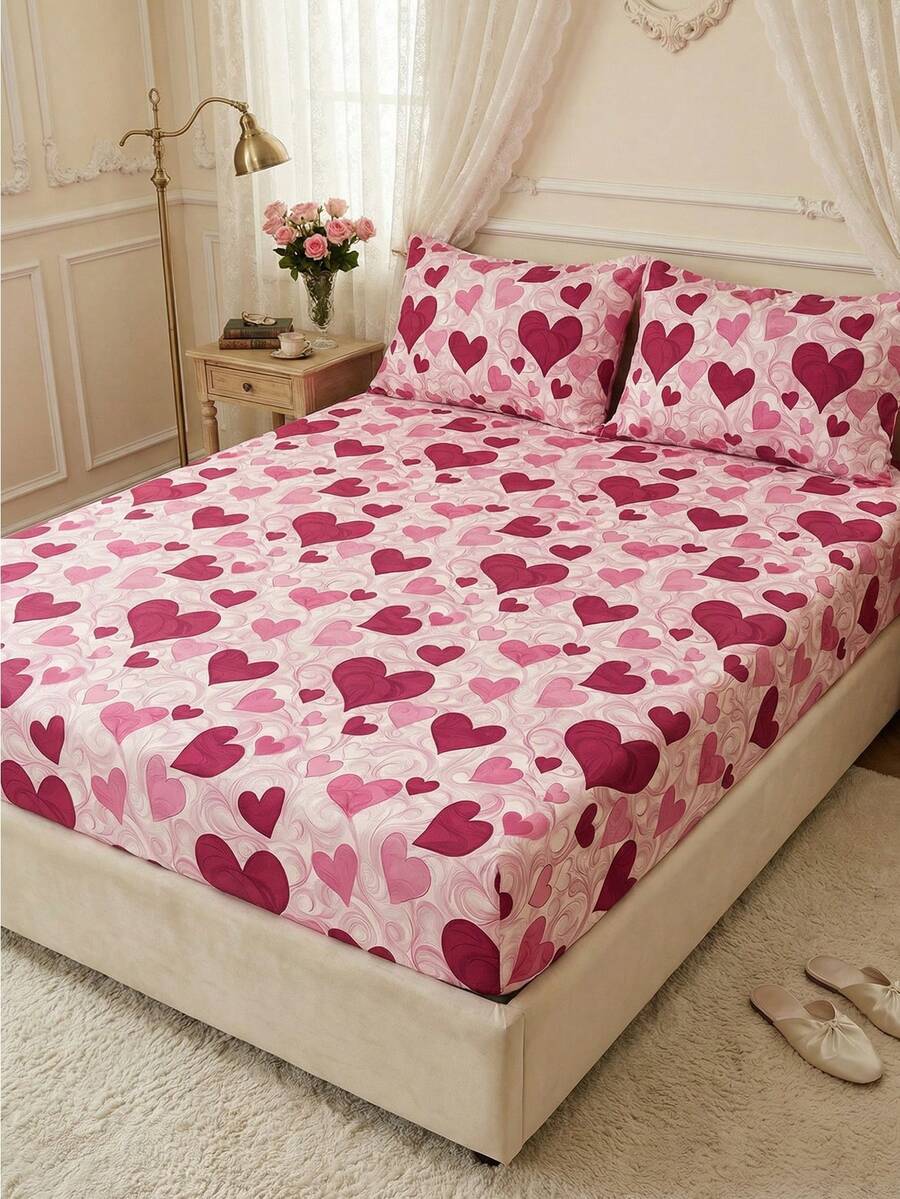 1 pieza Sábana suave y cómoda hipoalergénica, juego de ropa de cama para regalo del Día de San Valentín, decoración del hogar, se ajusta a cama doble/matrimonial/queen, lavable a máquina, diseño de corazones - Multicolor - Ver 1