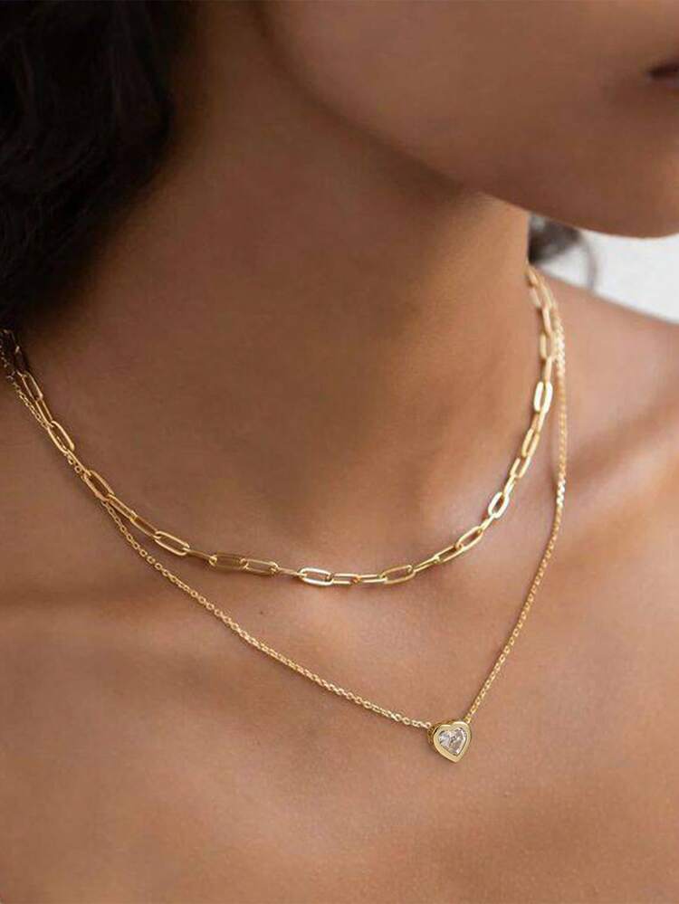 Tkool 2pcs Copper Heart Pendant Necklace Set, Double Layer Paperclip Design Necklace Set For Women, Suitable For Valentine's Day Gift - Yellow Gold - View 1