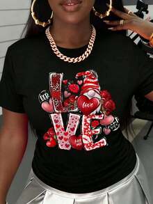 T-shirt imprimé << Love » avec un motif de cœur et de gnome pour la Saint-Valentin - Noir - Voir 8