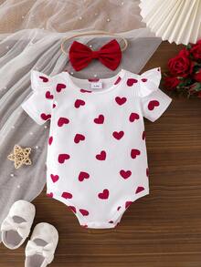3pcs Baby Girl Princess Set: Heart Print Cap Sleeve Bodysuits, Layered Tulle Skirt, And Bow Headband - Red - View 4