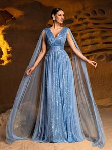 Faeriesty 女士优雅正式晚礼服，精致V领，缀满亮片，修身胸衣，飘逸蝙蝠袖，适合正式晚宴、红毯活动、奢华盛会、正式婚礼和宴会等春季派对场合。 - 藍色 - 查看 4