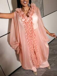 性感女士宽松露肩雪纺薄纱长裙，荷叶边开衫设计，抽绳腰带，适合婚礼宾客穿着 - 粉色 - 查看 2