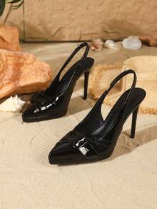 Women's Pointed Toe High Heel 10.5CM Elegant Stiletto High Heel Slingback Pumps With Ankle Strap, Perforated Criss-Cross Buckle Strap, Mirror PU Material, Comfortable & Versatile For Daily Wear, Party, Holiday, Date, Black - Black - View 4