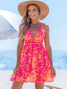 popvil Women Tropical Floral Print Halter V Neck Vacation Mini Dress - Orange - View 5