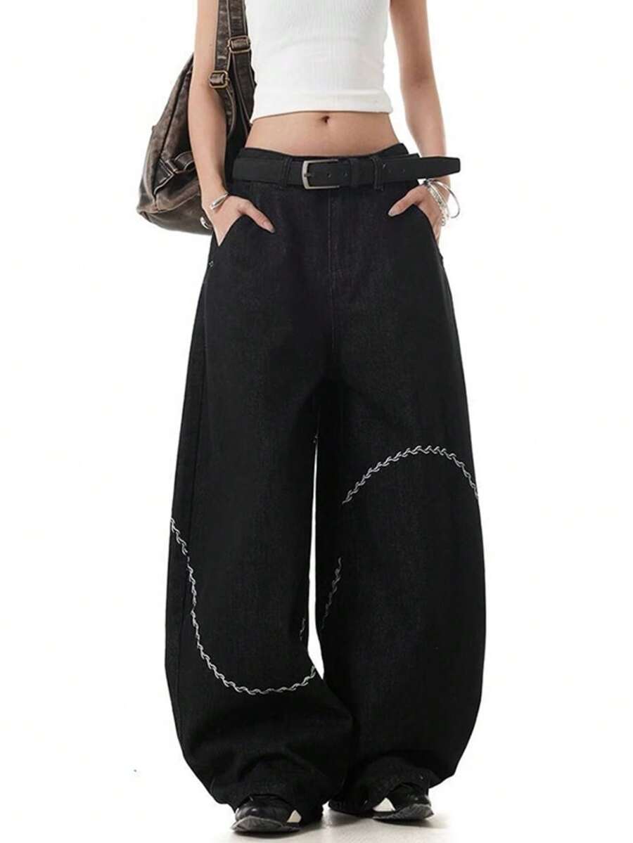 Women's Baggy High Waist Oversized Wide-Leg Denim Pants Detachable Belt Silver Chain Embroidery Loose Casual Streetwear Grunge Barrel Jeans - 黑色 - 查看 1