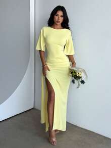 Vestido largo ajustado de manga corta con cuello redondo y cintura fruncida, vestido formal elegante y delgado para fiesta de boda en primavera - Amarillo - Ver 3